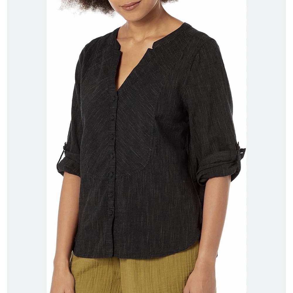 PrAna Katya Peasant Blouse L Black Long Sleeve Organic Cotton Button Henley Boho